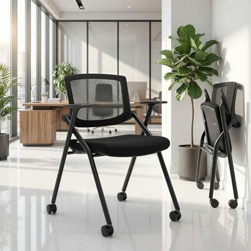 BROBRIYO 2 Pack Stackable Conference Room Chairs with Wheels and Paddle, Ergonomic Mesh Back and Arms for Meeting, Confere...