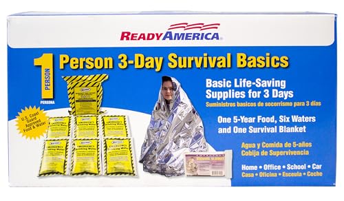 Ready America The Survival Box, 1-Person, 3-Day Emergency Kit Includes 5 Year Emergency Food, Water, Emergency Blanket Por...