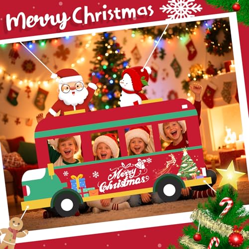 Christmas Bus Photo Booth Prop Merry Christmas Party Decorations Xmas Photography Background Backdrop Door Banner for Kids...