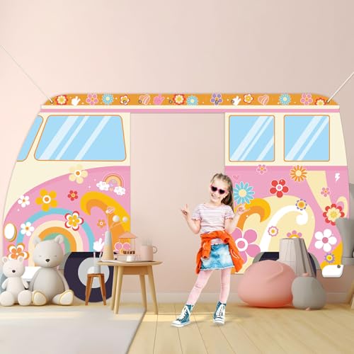 Hippie Bus Porch Signs Banners Groovy 60s Retro Bus Door Decor Hippie Party Supplies Daisy Door Backdrop 70s Daisy flower ...