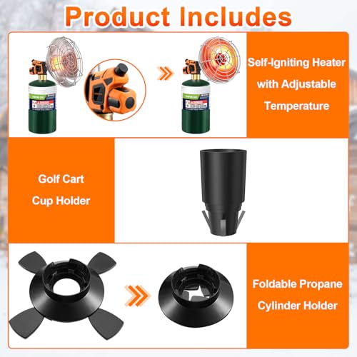 Golf Cart Heater, 2000℉ Portable Propane Heater with Dual Bases, Cup Holder & Foldable Cylinder Stand, for EZGO Yamaha Clu...