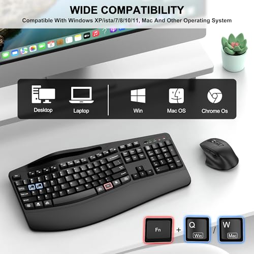 Wireless Keyboard and Mouse Combo, 2.4G Full Size Wave Keys Ergonomic Keyboard with Wrist Rest, Phone Holder, 3-Level DPI ...