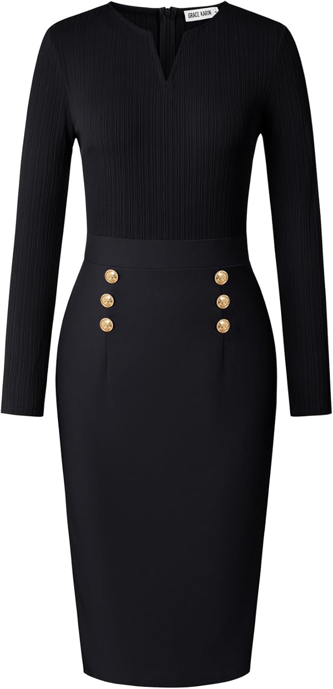 GRACE KARIN Women's 2026 Fall Henly V Neck Business Work Dress Long Sleeve Bodycon Midi Elegant Office Sheath Dress