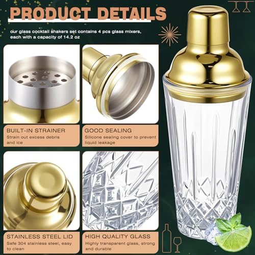 Mifoci 7 Pcs Gold Glass Cocktail Shaker Set Bartender gift set with 14oz Shaker 24oz Cocktail Mixing Glass Measuring Jigge...