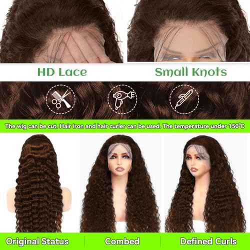 Chocolate Brown Lace Front Wig Human Hair 13x6 HD Deep Wave Lace Front Wigs Human Hair Colored Deep Curly Lace Frontal Wigs Glueless Wig for Woman Pre Plucked 22 Inch