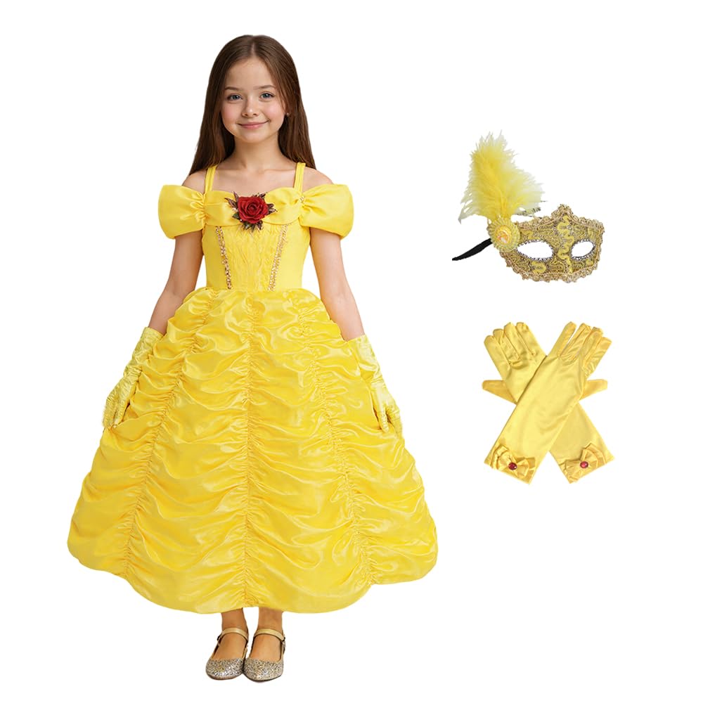 CQDY Girls Halloween Princess Belle Costume Dress Yellow Fancy Cosplay Dress Up Clothes Christmas Fairy Outfits