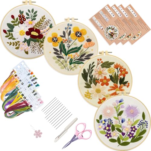 Bonroy 4 Sets Embroidery Set for Beginners Art Crafts Easy Sewing Includes Embroidery Clothes with Pattern, Hoop, Instruct...