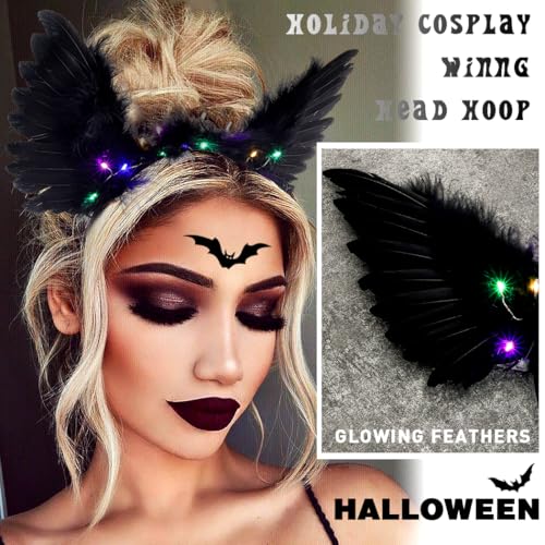 Aiosy Light Up Halloween Wing Headbands LED Black Feather Hairband Angel Wings Women Hair Accessories for Rave Costume