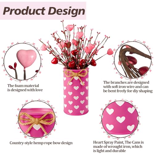 Aovaely Valentine & Galentine's Day Table Centerpiece Decor, Artificial Heart Flower Stems with Metal Pots, Valentines Gal...