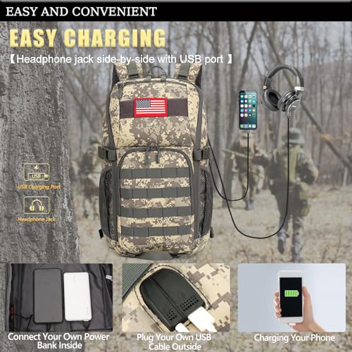 outdoor plus Camo Backpack,Military Boys Backpacks for School,Army Bookbag with USB Charging Port Waterproof,30l ACU Digital
