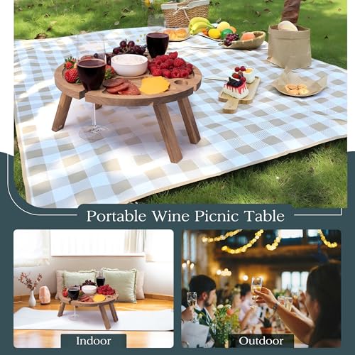 Portable Wine Picnic Table with 4 Wine Glasses Holder, Acacia Natural Wood Foldable Champagne Picnic Snack Table Tray, Per...
