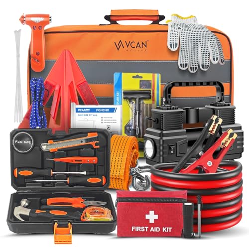Car Emergency Kit with Portable Air Compressor, First Aid Kit, Jumper Cables, Roadside Safety Emergency Tool Kit for Wome...