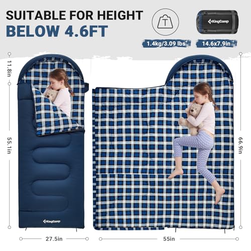 KingCamp 45°F Kids Sleeping Bag, Lightweight Waterproof & Compact Flannel Sleeping Bags Cold Weather & Warm Youth Essentia...