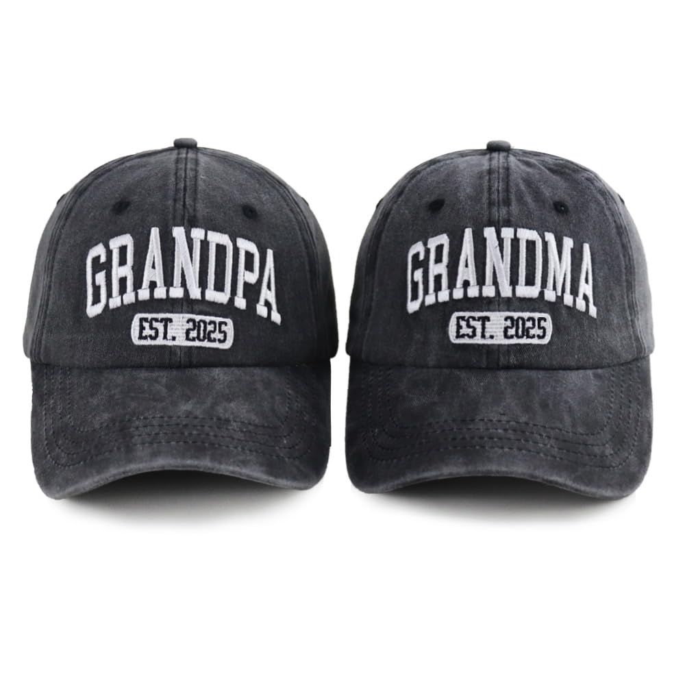 Grandpa and Grandma Est 2025 Hats for Men Women, New Grandparents Birthday Gifts for Baby Announcement, First Time Grandpa Grandma Baseball Cap Black