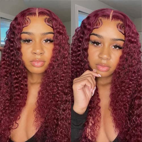 24 Inch Burgundy Wig Human Hair Deep Wave Lace Front Wigs for Black Women Glueless 13x4 HD Transparent Lace Frontal Curly Wigs Pre Plucked Bleach Knots with Baby Hair 99J Colored Wigs