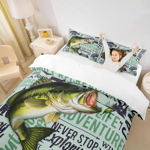 Fishing Adventure Duvet Cover Set Twin, Summer Camping Bedding Set 2pcs for Kids Teens Adults Room Decor,Black Sketch Farm...