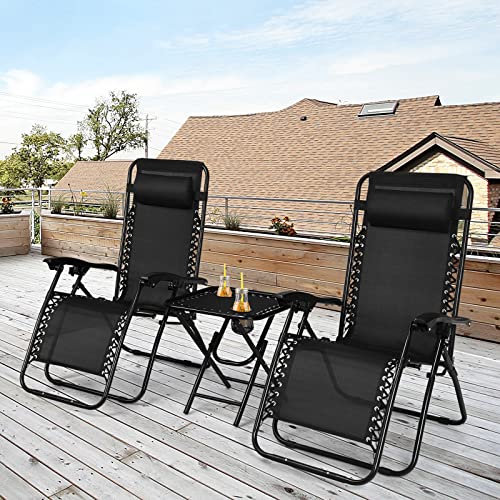 Goplus Zero Gravity Chair Set, 3 Pieces Outdoor Lounge Chair Recliners w/Side Table, Headrest and Cup Holders, Adjustable ...