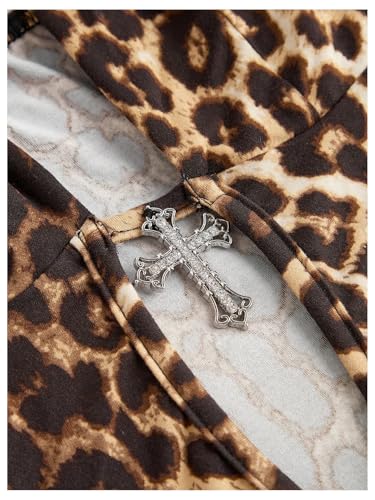 SOLY HUX Women's Plus Size Leopard Print Halter Dress Y2k Gothic Deep V Cheetah Tie Backless Layered Ruffle Mini Dresses