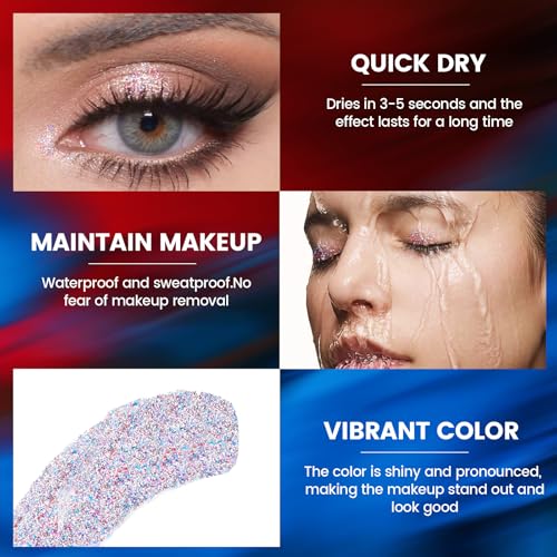 HOSAILY Holographic Red White and Blue Face Glitter Gel, 4th of July Accessories for Women Kids, Long Lasting Waterproof S...