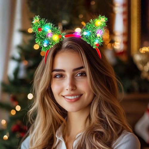 Aiosy Light Up Christmas Tree Headband Green Tinsel Head bands Led Cat Ears Headpiece Glitter Star Xmas Party Hair Accesso...