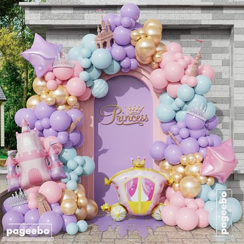 PageebO Princess Balloon Garland Arch, 154Pcs Pastel Blue Pink Purple Gold Balloons with Castle Carriage Star Foil Balloon...