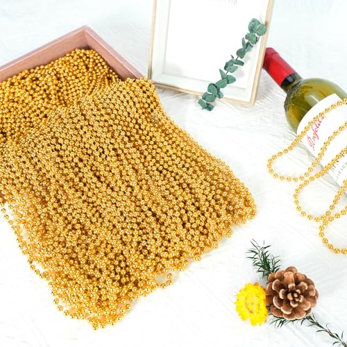 SHAOQINLIN 12 PCS Gold Bead Necklace, Mardi Gras Beads Christmas Necklaces 33" Metallic Beaded Costume Party Necklaces for...