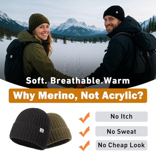 PolarWool™ 100% Merino Wool Polartec® Fleece Lined L/XL/XXL Unisex Warm Windproof Beanie Watch Cap Knit Winter Hat Outdoor