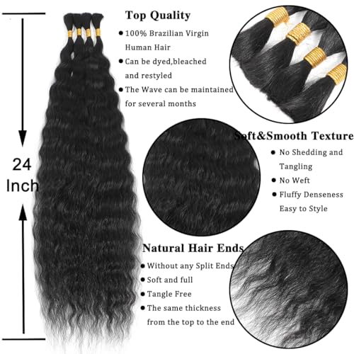 Super Wave Bulk Human Hair For Braiding 100% Unprocessed Brazilian Virgin Human Hair Extensions Bundles for Braiding Micro Human Braiding Hair(24inch, Natural Black)