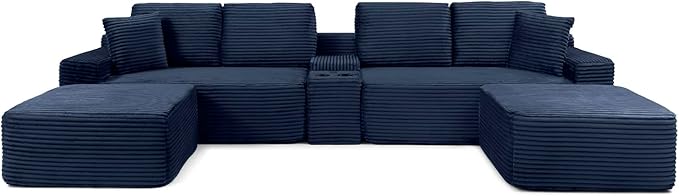 150" Oversized Modular Sectional Sofa,Deep Seat Cloud Corduroy Boneless Couch with Cup Holders,USB Ports, Wireless Charging & Storage Box,Upholstered Modular Sleeper Sofa for Living Room (Blue)