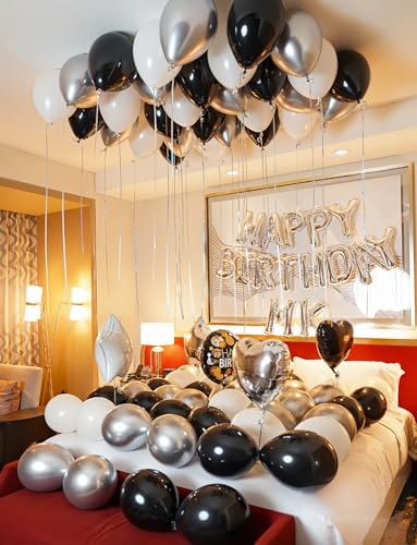 Black and Silver Balloons, 60 Pcs 12 In Metallic Silver, Black, White & Confetti Balloons for New Year’s Eve, Countdown Pa...