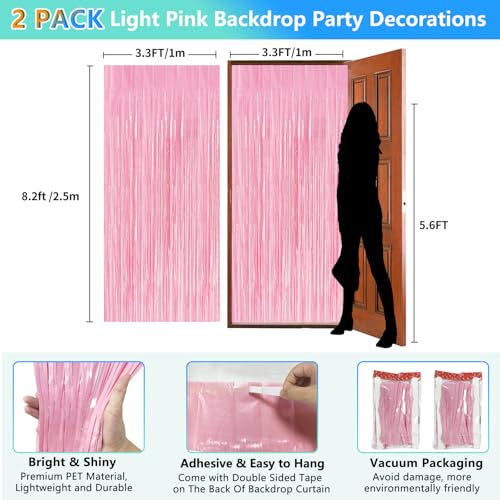 Pastel Pink Birthday Party Backdrop Decorations Foil Fringe Curtain 3.3x8.2ft 2 Pack, Pink Streamers Background Party Deco...