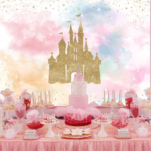 Mocsicka Princess Castle Birthday Backdrop Watercolor Pastel Rainbow Birthday Background Gold Glitter Royal Party Cake Tab...