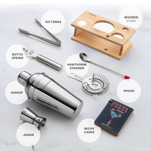 Modern Mixology Cocktail Shaker Set - 8 Piece Bartender Kit on Quality Pine Stand | Complete Cocktail Kit Gift Set | Top B...