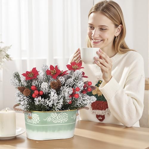 QIMOND Christmas Table Centerpiece with Artificial Red Poinsettias, Snowy Norfolk Pine, Berries & Pine Cones – Lifelike Ho...