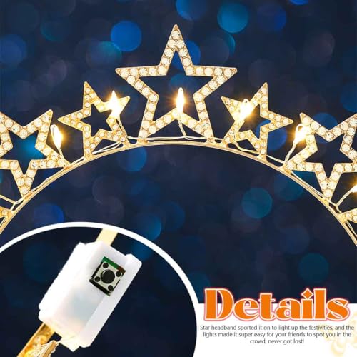 DRESBE Light Up Star Headband New Year Rhinestone LED Headbands NYE Glow Party Hair Accessories for Women (Gold)