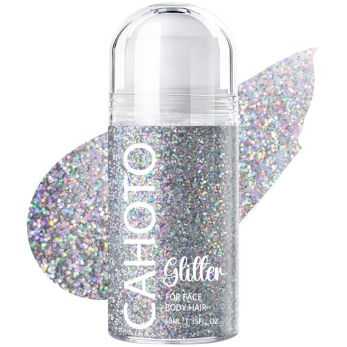 CAHOTO Silver Rolling Glitter for Face Body & Hair, Sparkling Holographic Chunky Shimmer, Roll-on Sequins for Singer Conce...