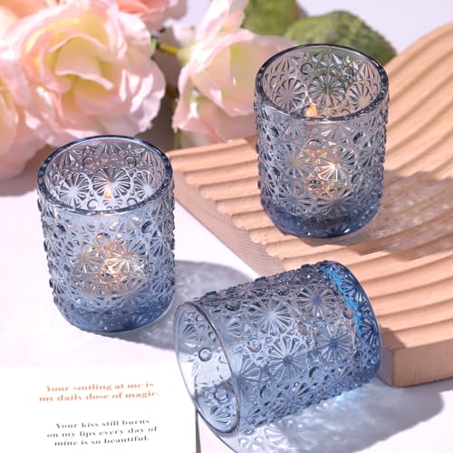 Blue Votive Candle Holder Set of 12, Flower Tea Lights Candles Holders for Wedding Table Centerpieces, Birthday Parties, H...