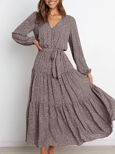PRETTYGARDEN Womens Spring Long Sleeve Wrap V Neck Ruffle Floral Maxi Dress Casual Tie Waist Boho Chiffon Flowy Long Dresses