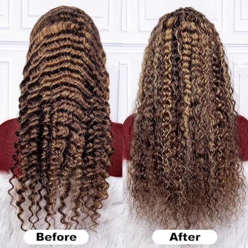 20 Inch Honey Blonde Deep Wave HD Lace Front Wigs Human Hair 180 Density 13x6 Full Lace Frontal Wigs Human Hair Pre Plucked Glueless Water Wave Ombre 4/27 Highlight Wigs for Women