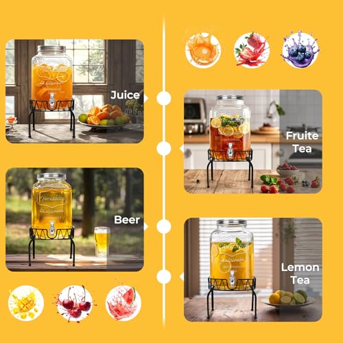 Glass Beverage Dispenser with Stand and Lid, One Pack-2 Gallon with Spigot - Glass Drink Dispensers for Parties, Wedding, ...