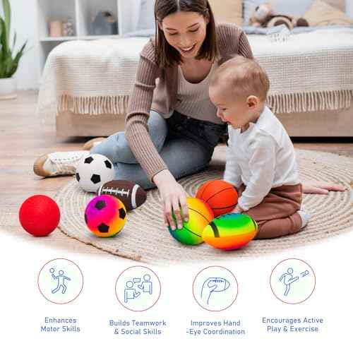 EVERICH Balls for Toddlers 1-3, 7 Pcs 5" Playground Balls for Kids, Soft Rubber Small Sports Ball Set with Football, Basketball, Soccer, Indoor Outdoor Toddler Toys Games Birthday Gifts for Boys Girls