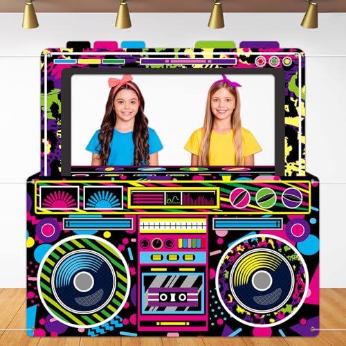 Radio Boombox Photo Booth Props for 80s 90s Party Decorations 59 X 59 Inch, Neon Radio Boombox Selfie Frame Backdrop Hangi...
