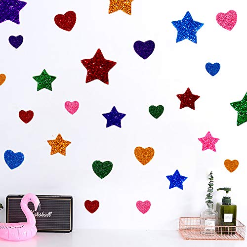 260 Pieces Colorful Glitter Foam Stickers Self Adhesive Stars Mini Heart Shapes Glitter Stickers, Kid's Arts Craft Supplie...