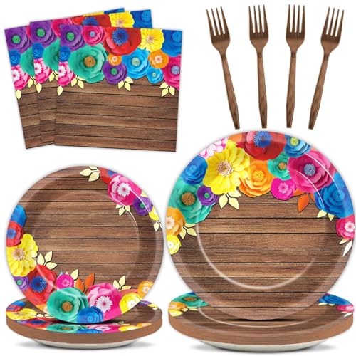 96Pcs Fiesta Party Plates and Napkins for Mexican Party Supplies Wooden Floral Themed Paper Dessert Plates Festival Tablew...