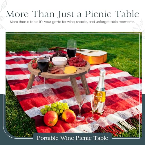 Portable Wine Picnic Table with 4 Wine Glasses Holder, Acacia Natural Wood Foldable Champagne Picnic Snack Table Tray, Per...