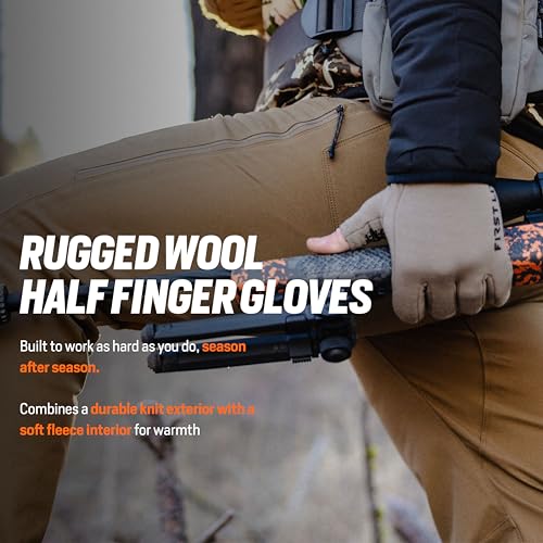 First Lite Rugged Wool Half Finger Glove - Merino Wool Hunting Gloves with Silicone Grip Palm for Shooting Dexterity