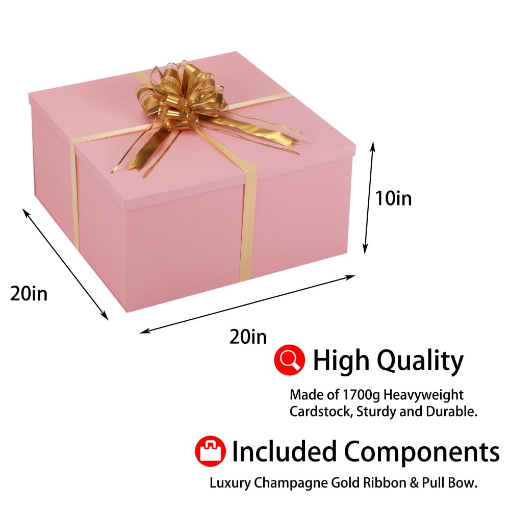Extra Large Gift Box with Lid 20x20x10 Inches, Large Pink Gift Box Giant Gift Boxes with Lids for Presents Packaging for Birthday Surprise, Christmas, Anniversaries, Wedding Party