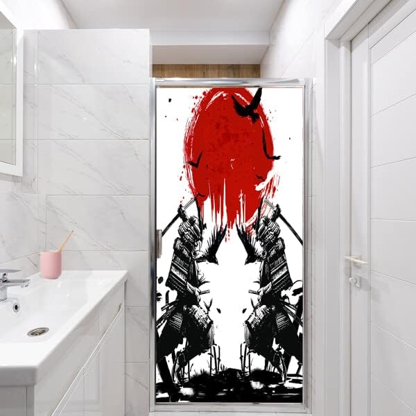 Japanese Samurai Stained Glass Film Watercolor Ink Samurai Sword Red Sun Printwindow Tinting Film for Home,Window Film Stained Glass 23.6Wx47.2L-Inch X1Pcs