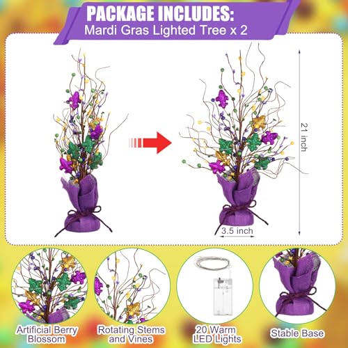 Anglechic 2 Pieces Lighted Mardi Gras Artificial Berry Blossom Table Tree 21 H Shinny Table Centerpiece Tree for Mardi Gra...