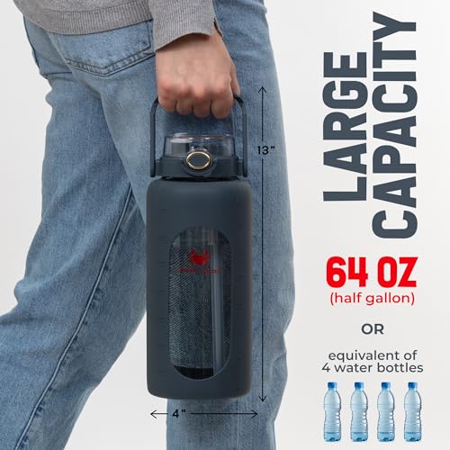 MIGHTY VESSEL 64 oz Glass Water Bottle – Dark Blue | Large Borosilicate Glass Jug with Straw & Time Marker – Leakproof, Tr...